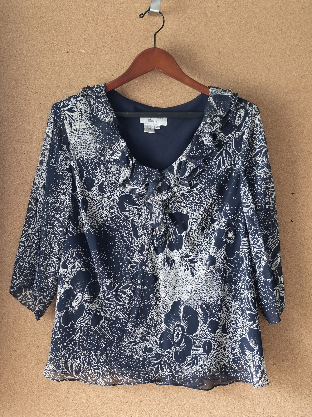 Adrianna Papell Woman 100% Silk Ruffle Floral Blouse Black Plus Size 18W